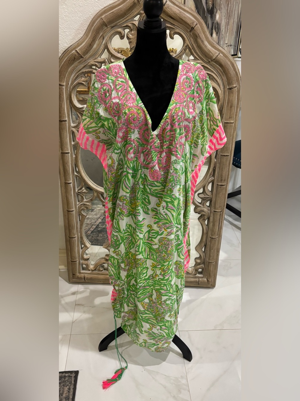 Bright Pink & Green Printed Kaftan Dress